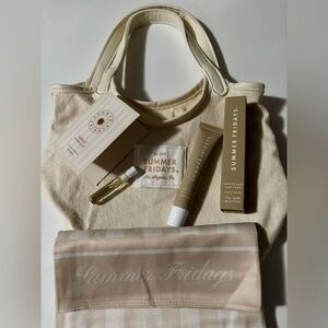 NEW Summer Fridays Canvas Tote, Lip Balm-Vanilla, Sunlit Vanilla Sample & Scarf